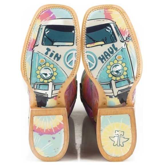 TIN HAUL "Happy Hippie" groovy rainbow tie dye leather cowgirl boots sz 6.5 EUC - Picture 2 of 16